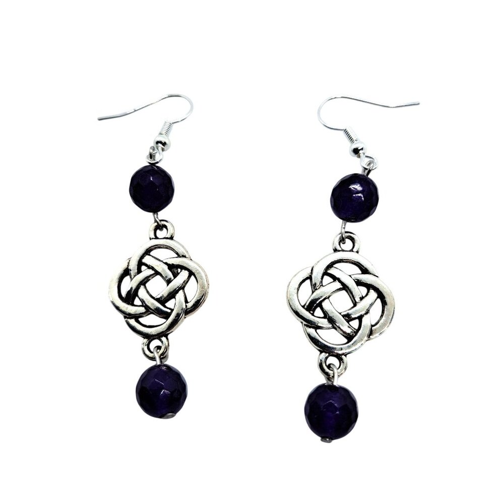 Faceted Amethyst earrings with silver tone Celtic knot 1-3/4" NEW